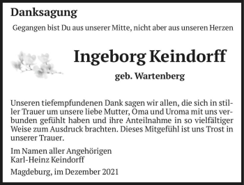 Traueranzeige von Ingeborg Keindorff (geb. Wartenberg)  von Magdeburger Volksstimme