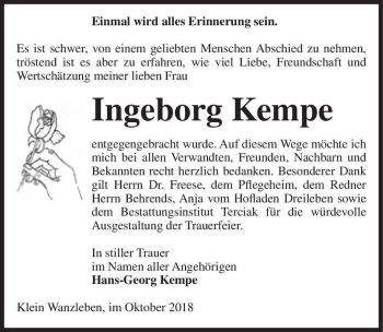Traueranzeige von Ingeborg Kempe  von Magdeburger Volksstimme
