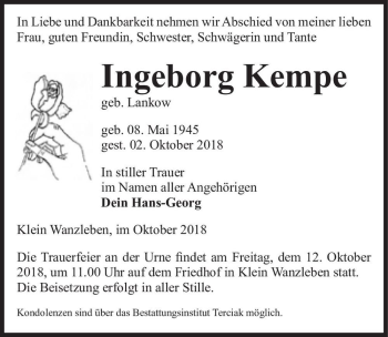 Traueranzeige von Ingeborg Kempe (geb. Lankow)  von Magdeburger Volksstimme