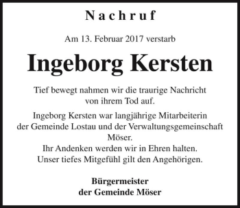 Traueranzeige von Ingeborg Kersten  von Magdeburger Volksstimme