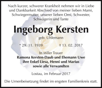 Traueranzeige von Ingeborg Kersten (geb. Uhlemann)  von Magdeburger Volksstimme