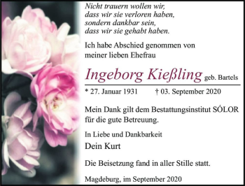 Traueranzeige von Ingeborg Kießling (geb. Bartels)  von Magdeburger Volksstimme
