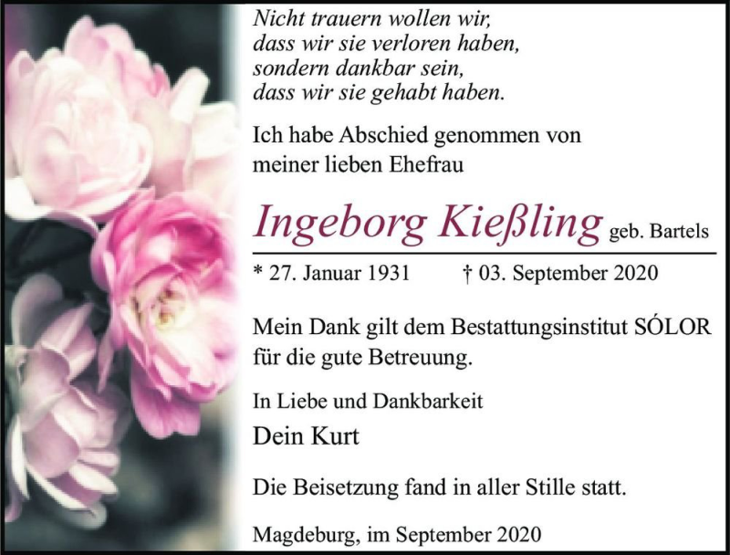  Traueranzeige für Ingeborg Kießling (geb. Bartels)  vom 12.09.2020 aus Magdeburger Volksstimme