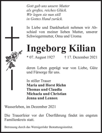 Traueranzeige von Ingeborg Kilian  von Magdeburger Volksstimme