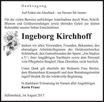 Traueranzeige von Ingeborg Kirchhoff  von Magdeburger Volksstimme