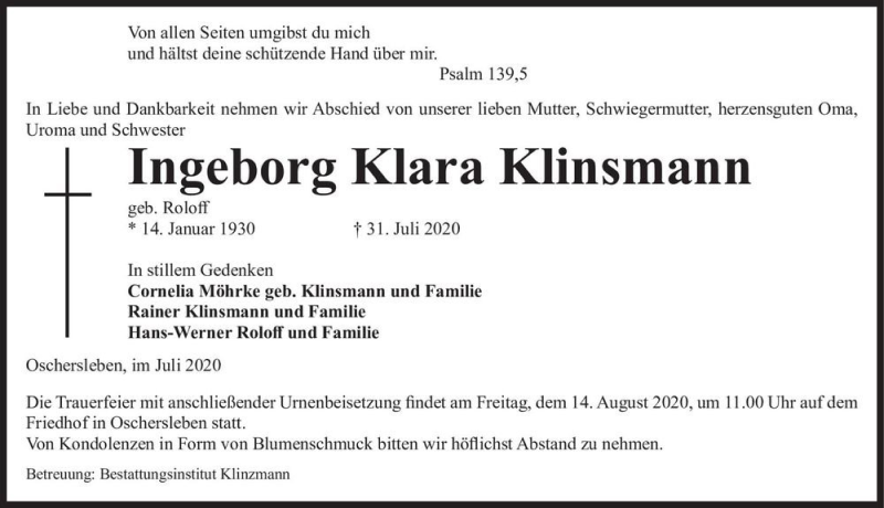  Traueranzeige für Ingeborg Klara Klinsmann (geb. Roloff)  vom 05.08.2020 aus Magdeburger Volksstimme