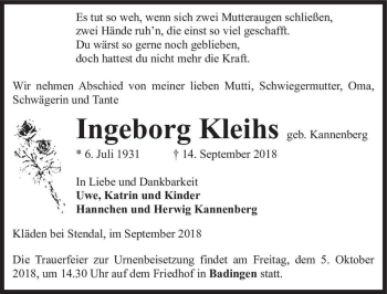 Traueranzeige von Ingeborg Kleihs (geb. Kannenberg)  von Magdeburger Volksstimme
