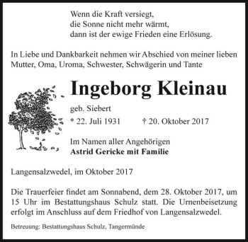 Traueranzeige von Ingeborg Kleinau (geb. Siebert)  von Magdeburger Volksstimme
