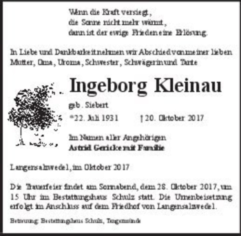 Traueranzeige von Ingeborg Kleinau (geb. Siebert)  von Magdeburger Volksstimme