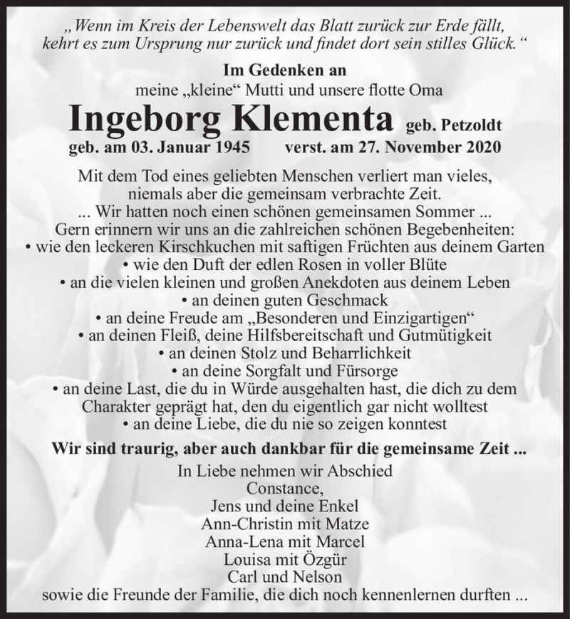  Traueranzeige für Ingeborg Klementa (geb. Petzoldt)  vom 12.12.2020 aus Magdeburger Volksstimme