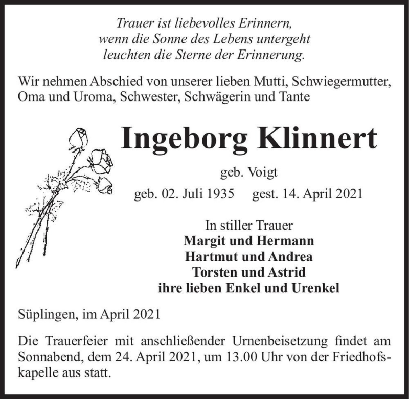  Traueranzeige für Ingeborg Klinnert (geb. Voigt)  vom 17.04.2021 aus Magdeburger Volksstimme