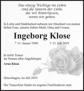 Traueranzeige von Ingeborg Klose  von Magdeburger Volksstimme