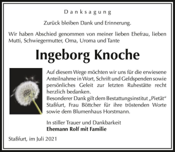 Traueranzeige von Ingeborg Knoche  von Magdeburger Volksstimme