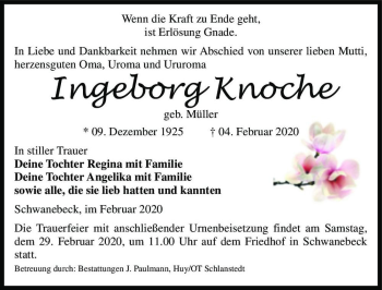Traueranzeige von Ingeborg Knoche (geb. Müller)  von Magdeburger Volksstimme