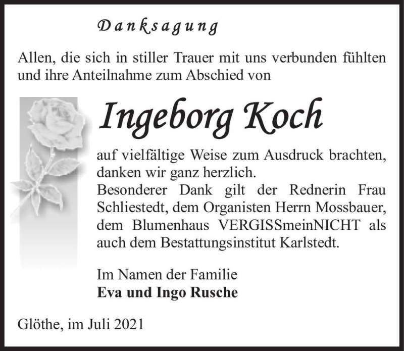  Traueranzeige für Ingeborg Koch  vom 17.07.2021 aus Magdeburger Volksstimme