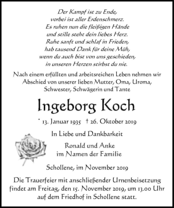 Traueranzeige von Ingeborg Koch  von Magdeburger Volksstimme