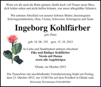 Traueranzeige von Ingeborg Kohlfärber (geb. Peter)  von Magdeburger Volksstimme