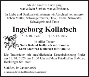 Traueranzeige von Ingeborg Kollatsch  von Magdeburger Volksstimme