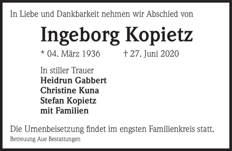  Traueranzeige für Ingeborg Kopietz  vom 04.07.2020 aus Magdeburger Volksstimme