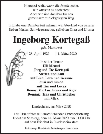 Traueranzeige von Ingeborg Kortegaß (geb. Markwort)  von Magdeburger Volksstimme