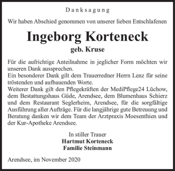 Traueranzeige von Ingeborg Korteneck (geb. Kruse)  von Magdeburger Volksstimme