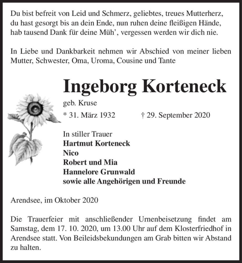  Traueranzeige für Ingeborg Korteneck (geb. Kruse)  vom 06.10.2020 aus Magdeburger Volksstimme