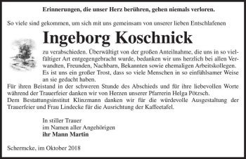 Traueranzeige von Ingeborg Koschnick  von Magdeburger Volksstimme