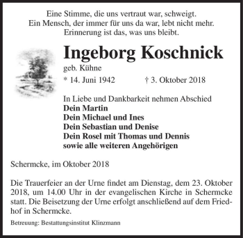 Traueranzeige von Ingeborg Koschnick (geb. Kühne)  von Magdeburger Volksstimme