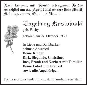 Traueranzeige von Ingeborg Koslowski (geb. Fushy)  von Magdeburger Volksstimme