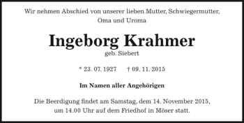 Traueranzeige von Ingeborg Krahmer (geb. Siebert)  von Magdeburger Volksstimme