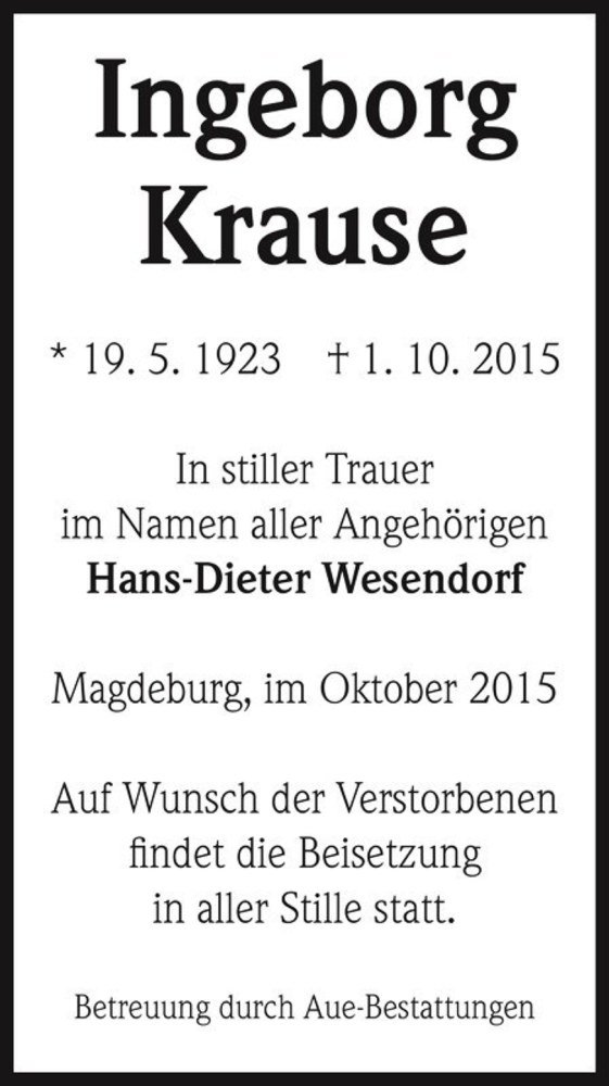  Traueranzeige für Ingeborg Krause  vom 10.10.2015 aus Magdeburger Volksstimme