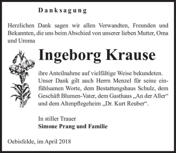 Traueranzeige von Ingeborg Krause  von Magdeburger Volksstimme