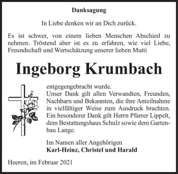 Traueranzeige von Ingeborg Krumbach  von Magdeburger Volksstimme
