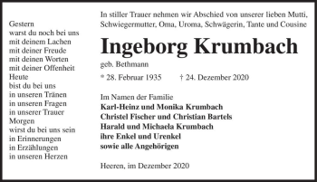 Traueranzeige von Ingeborg Krumbach (geb. Bethmann)  von Magdeburger Volksstimme