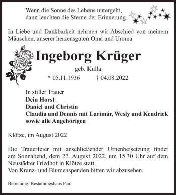 Traueranzeige von Ingeborg Krüger (geb. Kulla)  von Magdeburger Volksstimme