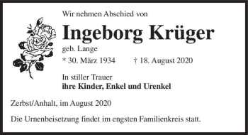 Traueranzeige von Ingeborg Krüger (geb. Lange)  von Magdeburger Volksstimme