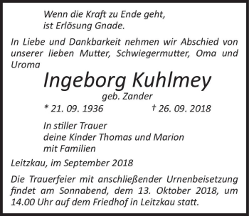 Traueranzeige von Ingeborg Kuhlmey (geb. Zander)  von Magdeburger Volksstimme