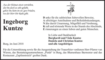 Traueranzeige von Ingeborg Kuntze  von Magdeburger Volksstimme
