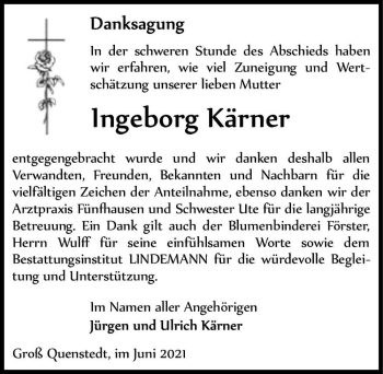 Traueranzeige von Ingeborg Kärner  von Magdeburger Volksstimme