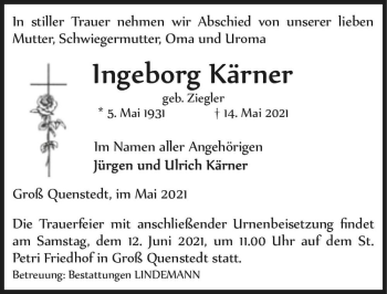 Traueranzeige von Ingeborg Kärner (geb. Ziegler)  von Magdeburger Volksstimme
