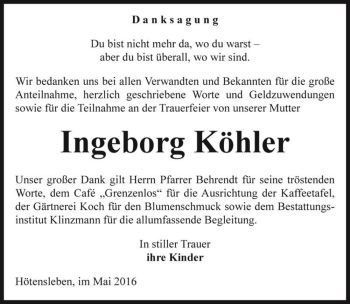 Traueranzeige von Ingeborg Köhler  von Magdeburger Volksstimme