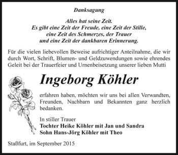 Traueranzeige von Ingeborg Köhler  von Magdeburger Volksstimme