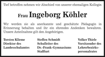Traueranzeige von Ingeborg Köhler  von Magdeburger Volksstimme