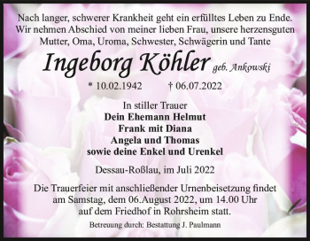 Traueranzeige von Ingeborg Köhler (geb. Ankowski)  von Magdeburger Volksstimme