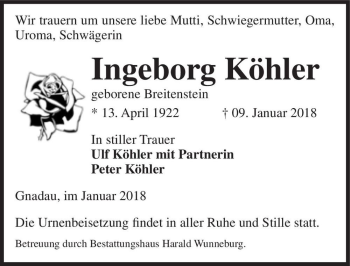 Traueranzeige von Ingeborg Köhler (geb. Breitenstein)  von Magdeburger Volksstimme