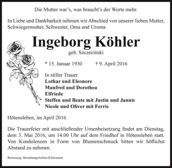 Traueranzeige von Ingeborg Köhler (geb. Szczecinski)  von Magdeburger Volksstimme