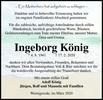 Traueranzeige von Ingeborg König  von Magdeburger Volksstimme