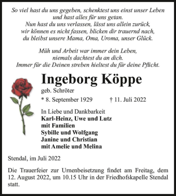 Traueranzeige von Ingeborg Köppe (geb. Schröter)  von Magdeburger Volksstimme