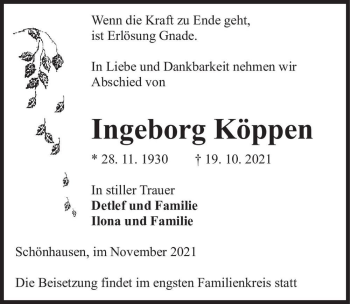 Traueranzeige von Ingeborg Köppen  von Magdeburger Volksstimme
