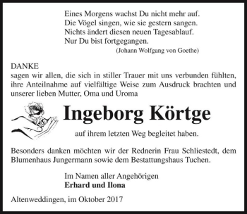 Traueranzeige von Ingeborg Körtge  von Magdeburger Volksstimme